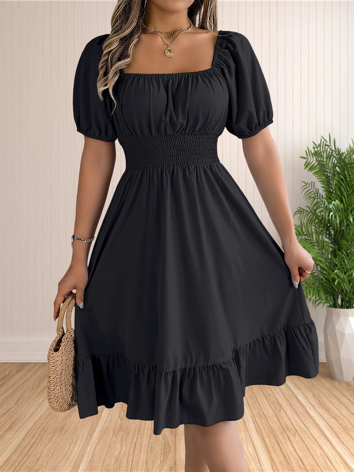 Women's Boho Square Neck Puff Short Sleeve Self Tie Front A Line Dress