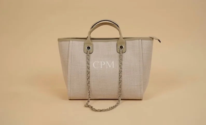 Custom Monogram Canvas Tote Bag Initial Bag Handbag Beach Bag Birthday Gift Bag with Chain Tote Bag Summer Holiday Bag
