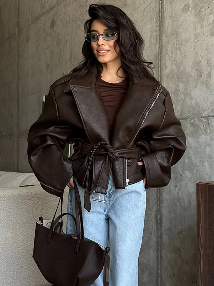 Chic Women's Green Suede Jacke Fashion Loose Long Sleeve Laple Zipper Bomber Jackets 2025 Spring New Ladies High Street Clothing