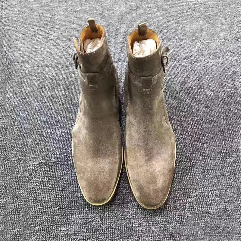 Buckle Men Chelsea Boots Handmade High-quality Cow Suede Khaki Fashion Winter Business Casual Mid-heel Ankle Men Shoes Boots