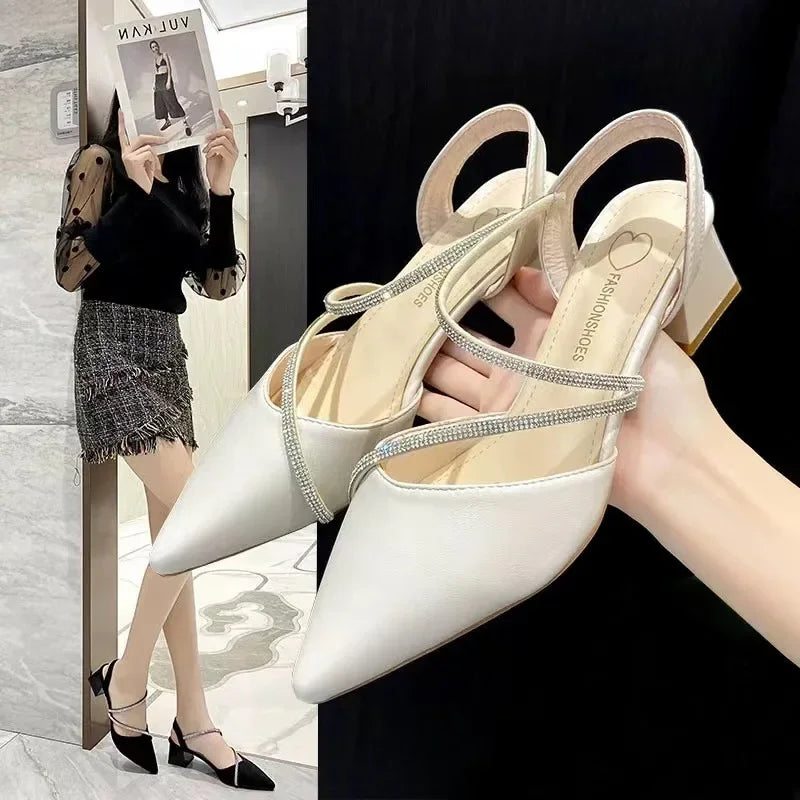 New Women's Fashion Comfortable High Heels Women's Shoes Slip-on Pointed Toe Rhinestone Sandals Zapatillas Mujer