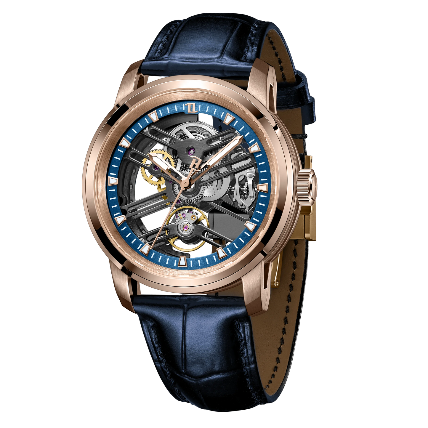 OBLVLO New Hollow-out Transparent Mechanical Automatic Men Watch Blue Skeleton Dial Leather Strap Luminous Classic Watches KM-S