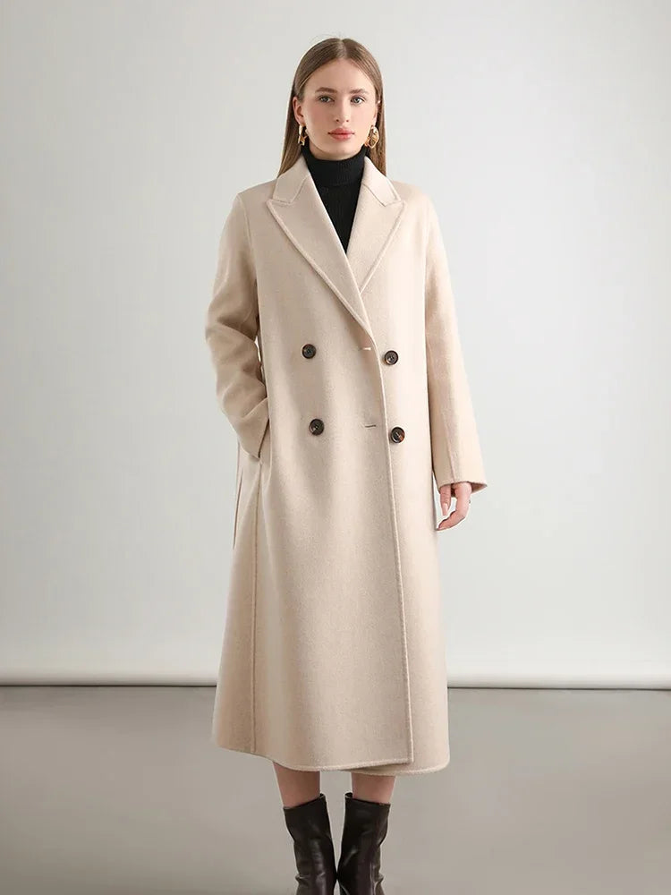 Women 100% Wool Peak Lapel Overcoat Belt Double-Breasted Autumn Winter Long Jacket Trench Coat Ladies Female Clothing #19