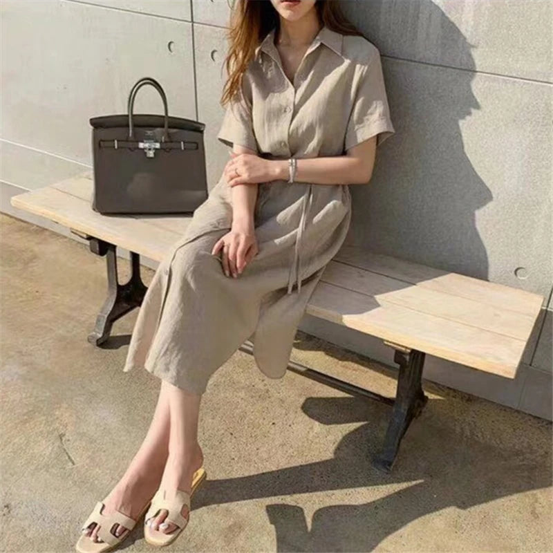 REALEFT 2024 New Summer Linen Women's Shirt Dresses Short Sleeve Single Breasted Korean Lace Up Straight Long Dress Female