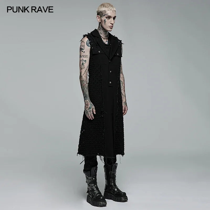 PUNK RAVE Men's Punk Old Medium Length Sleeveless Vest Non-elastic Woven Fashion Casual Handsome Men Jacket Four Seasons