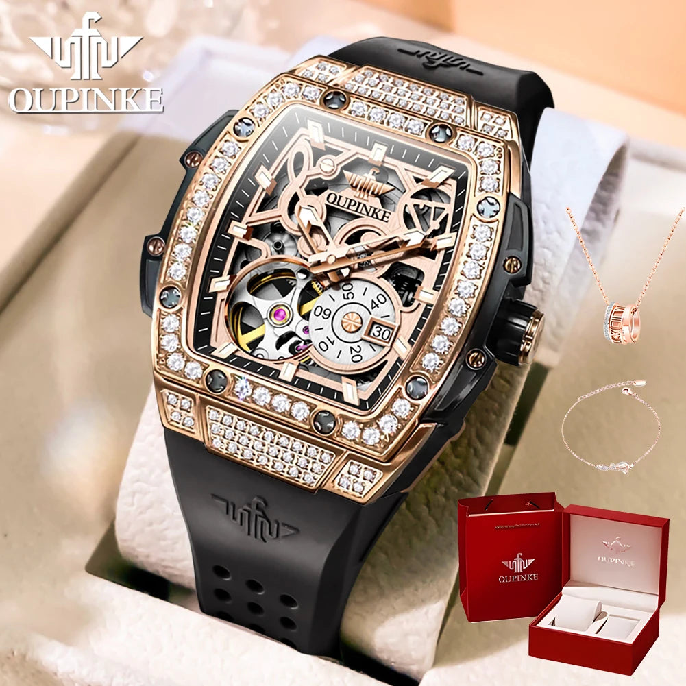 OUPINKE 3220 Women's Watch Flywheel Skeleton Mechanical Watch For Women Luxury Silicone Strap Wristwatch Sapphire Mirror Clock
