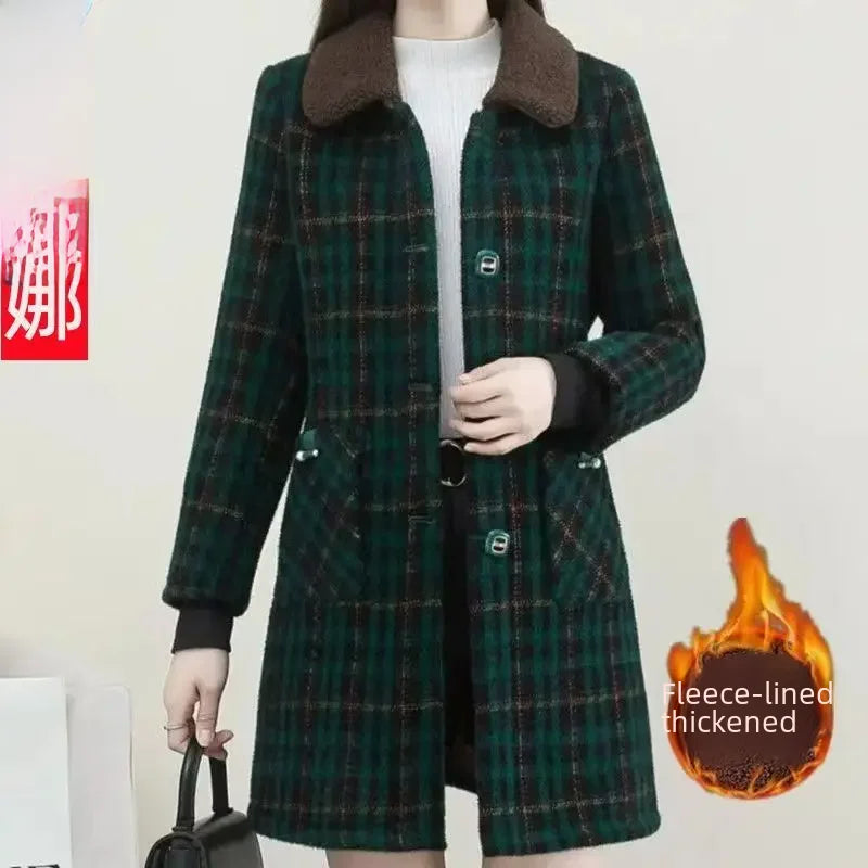 Elegant Fashionable Stylish High-end Medium-length Jacket Integrated Fleece Thickened Overcoat Women's Square Collar Wool Blends