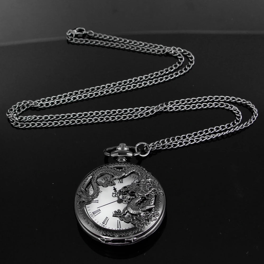 Flying Dragon Embossed Hollow Digital Quartz Pocket Watch Men's High Quality Necklace Timing Pendant Women's Jewelry Gift Clock