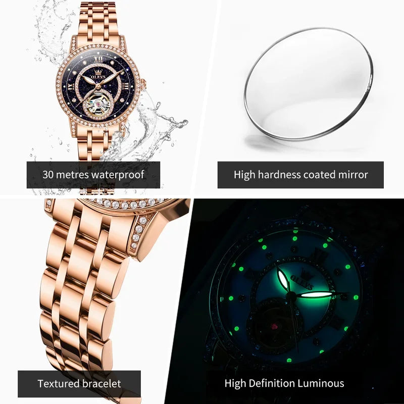 OLEVS Hollow Women's Watch Fully Automatic Mechanical Watch Luxury Diamond Inlaid Starry Sky Elegant Women's Brand Watch 7036