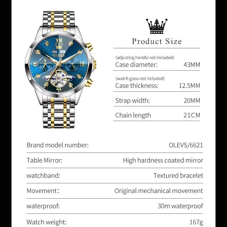 OLEVS 6621 Mens Watch High-end Automatic Mechanical Watches Flywheel Hollow Dial Calendar Moon phase Waterproof Man Wristwatch