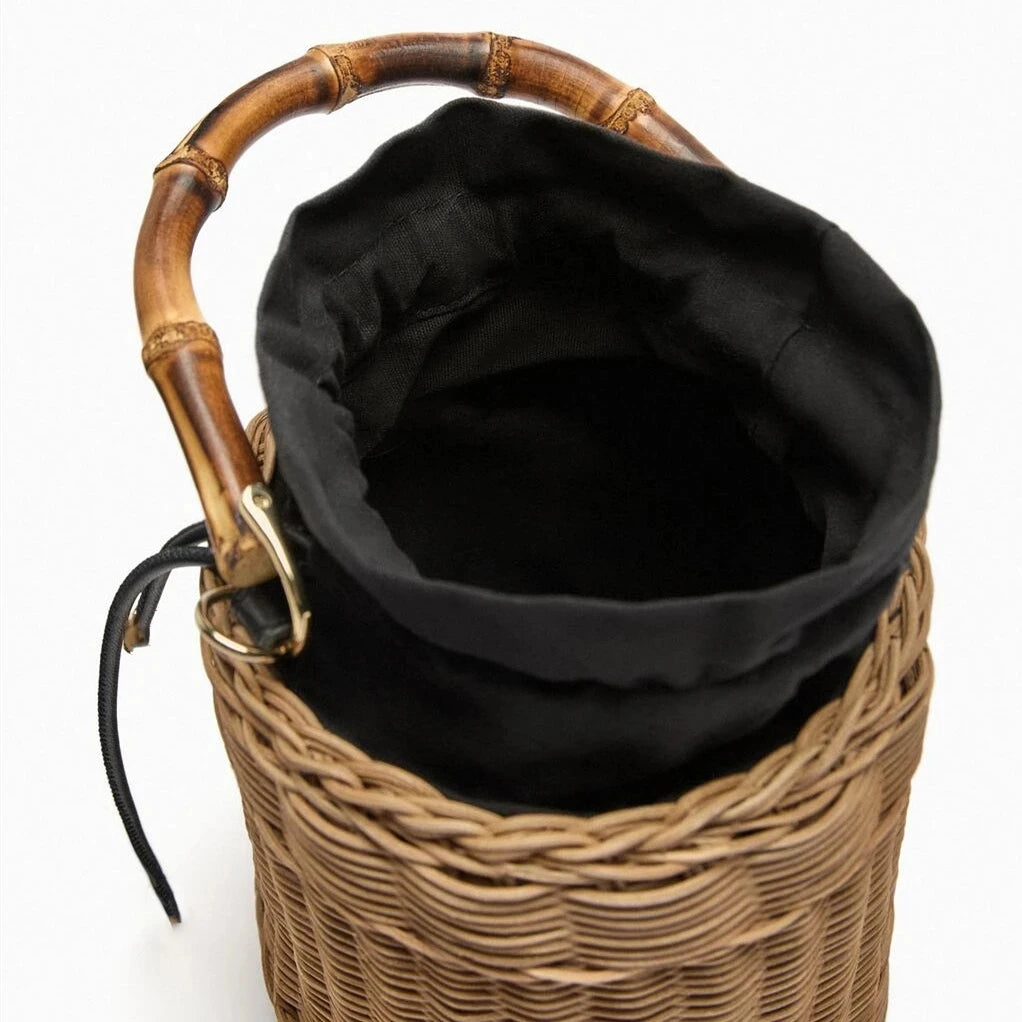 New Wicker Rattan Bucket Bag Bamboo Handle Women Handbags Bohemian Travel Beach Shoulder Bag Handmade Straw Bags for Women Tote