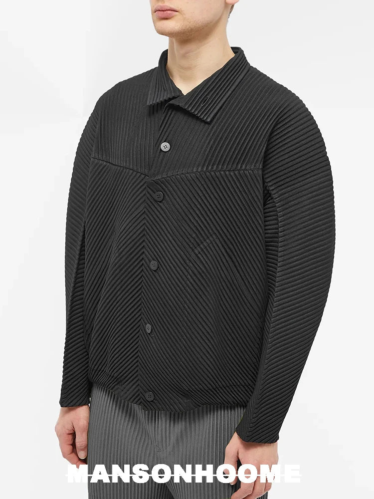 Miyake Pleated Standing Neck Splice Designer Jacket Men's Loose Relaxed Long Sleeve Shirt Coat JC110