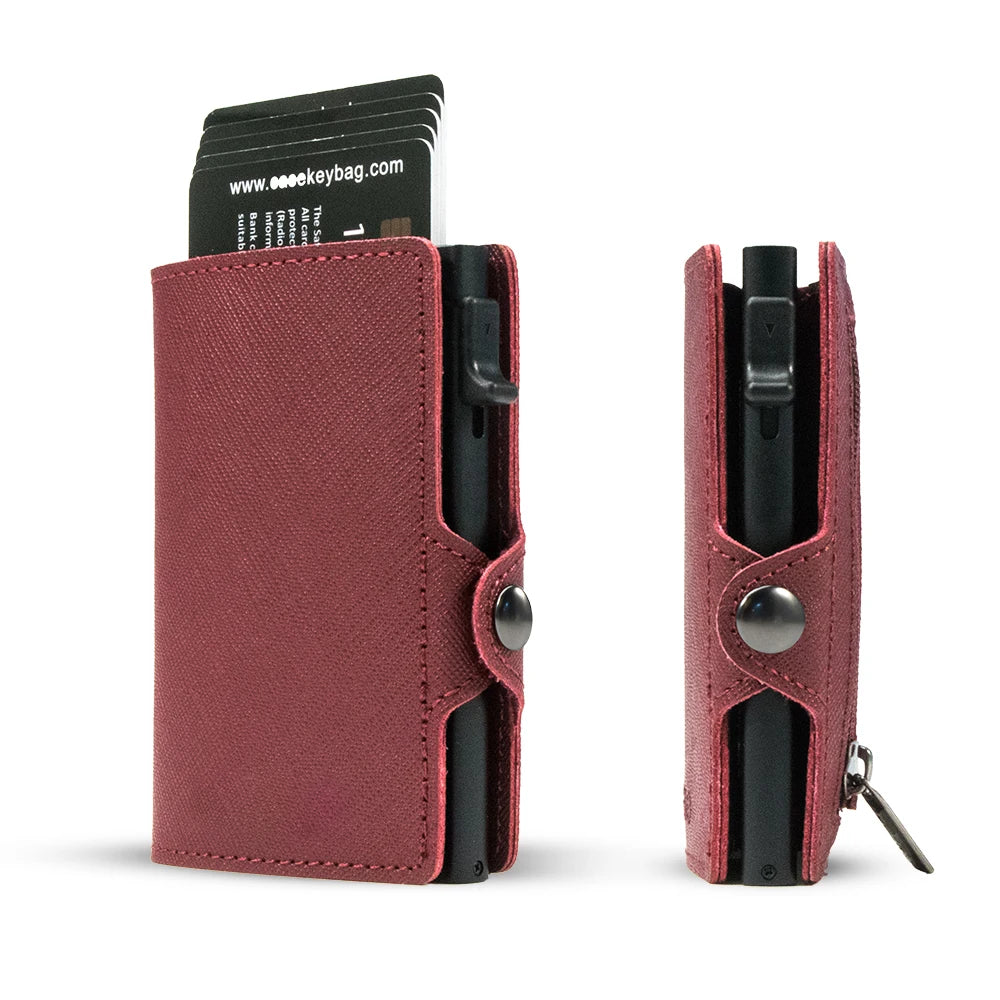 CASEKEY Slim Men Wallet Saffiano Genuine Leather Pop Up Credit Card Holder Billetera RFID Blocking Smart Wallet with Coin Purse
