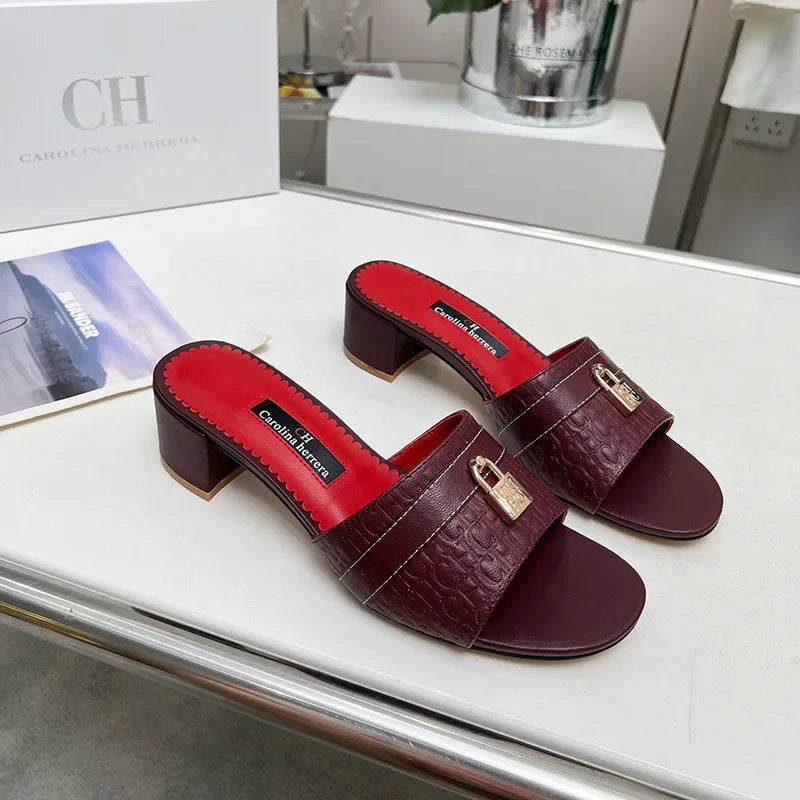 CH Luxury Heels Office Sandals for Women 2025 Elegant Fashion Shoes upper lock buckle Designs Slippers Retro Beach Flat Slippers