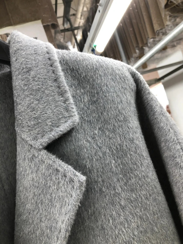 High-end 100% Wool Double-sided Coat Long Women Loose Double-breasted Long Sleeve Lace-up Solid Real Wool Jacket Autumn Winter