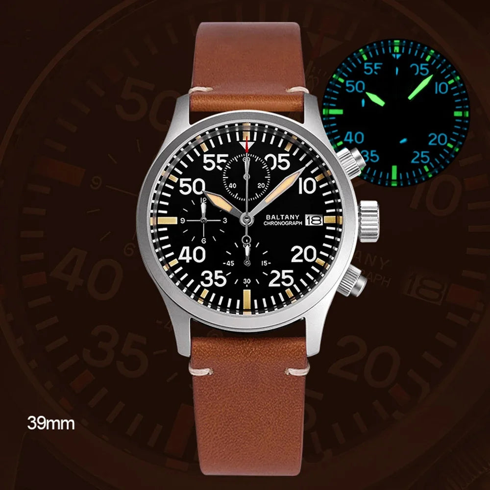 Baltany Military Watch Men 39mm Vintage Pilot Watch VK67 Chronograph Quartz Wristwatches Retro Style Air Force Luminous Clocks