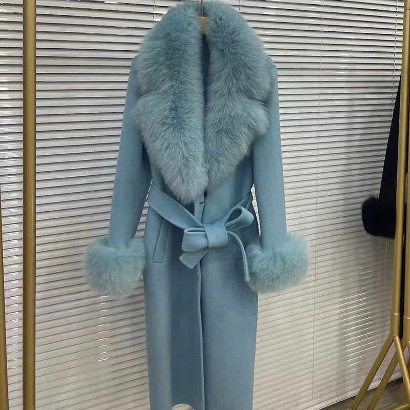 Long Women Wool Blended Coat With Big Real Fox Fur Collar Fashion Slim Winter Wool Jacket With Belt Outwear With Fox Fur Cuff