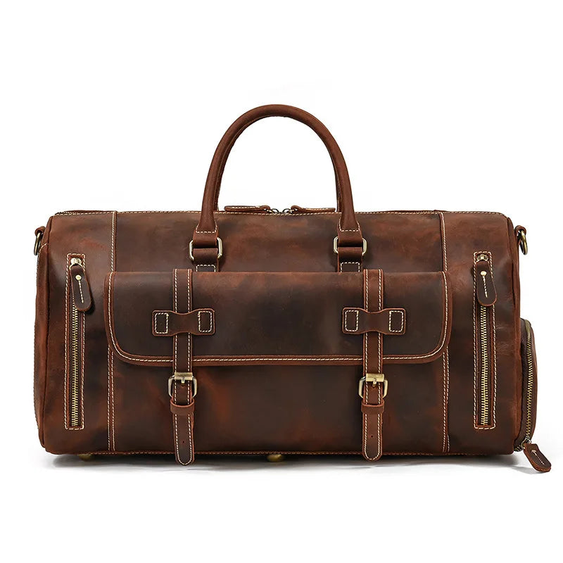 Genuine Leather Men's Travel Bag with Shoe Pocket Retro Crazy Horse Leather Big Capacity Luggag Bag Business Trip Handbag