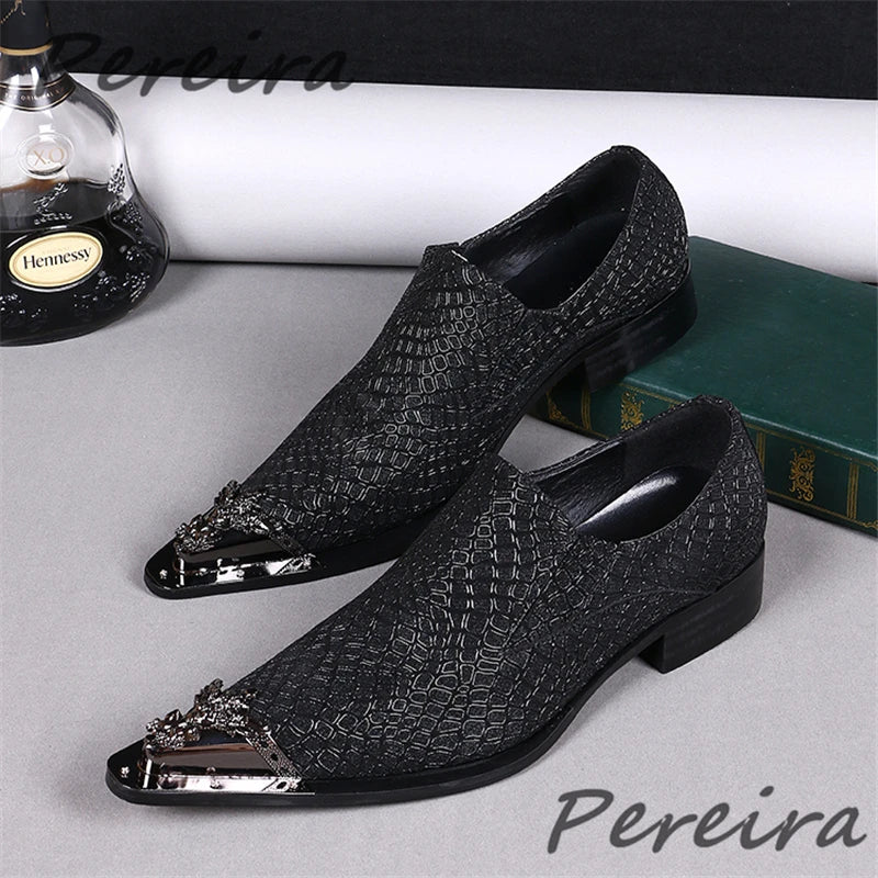 British Style Men Formal Shoes Metal Pointed Toe Patent Leather Low Heel Derby Shoes Fashion Party Banquet Business Dress Shoes