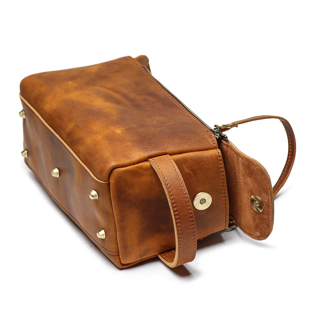 LUOKIR Vintage Multi-functional Genuine Leather Handbag Men's Makeup Bag Large Capacity Crazy Horse Leather Toiletry Organizer