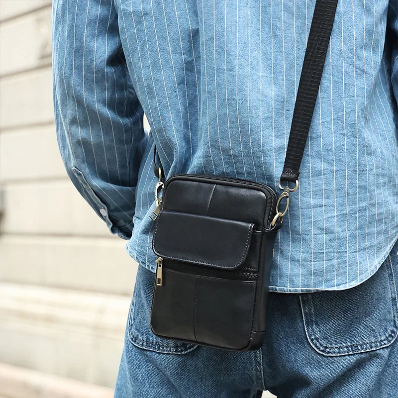 New Casual Men's Cow Leather Shoulder Phone Bag Male Small Crossbody Bag
