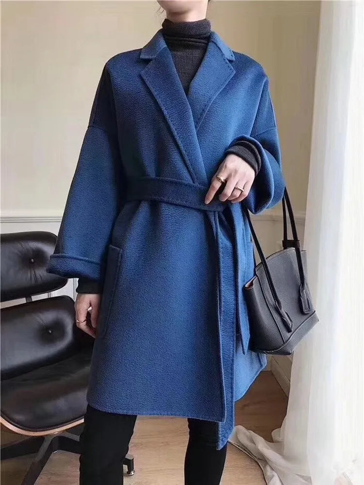 2024 Winter Casual Adjustable Waist Wool Coat Women Water Ripples Woolen Coat Jackets female New Autumn Camel Coat Commuting
