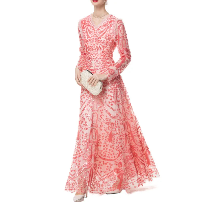 QMQA Fashion Women's Luxury Sequin Dress V-neck Long Sleeved High Waist Slimming Elegant Banquet Evening Dresses 2025 New QM167