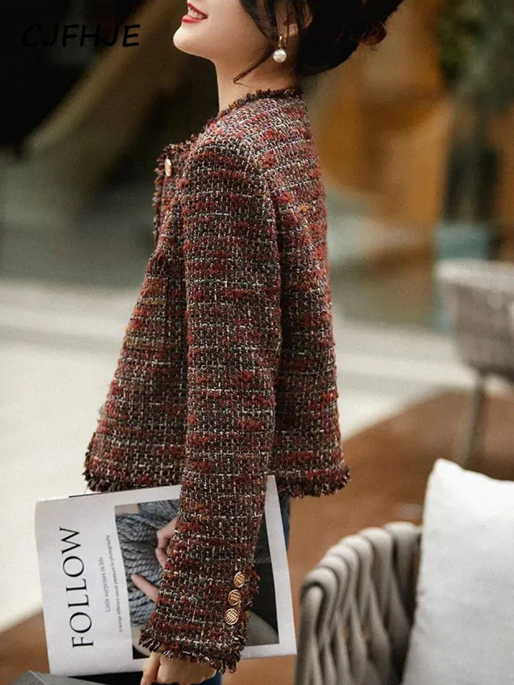 CJFHJE O-neck Tweed Fragrant Lady Coats Autumn Winter New Elegant Lady Outerwear Tops Tassel Single Breasted Women Woolen Jacket