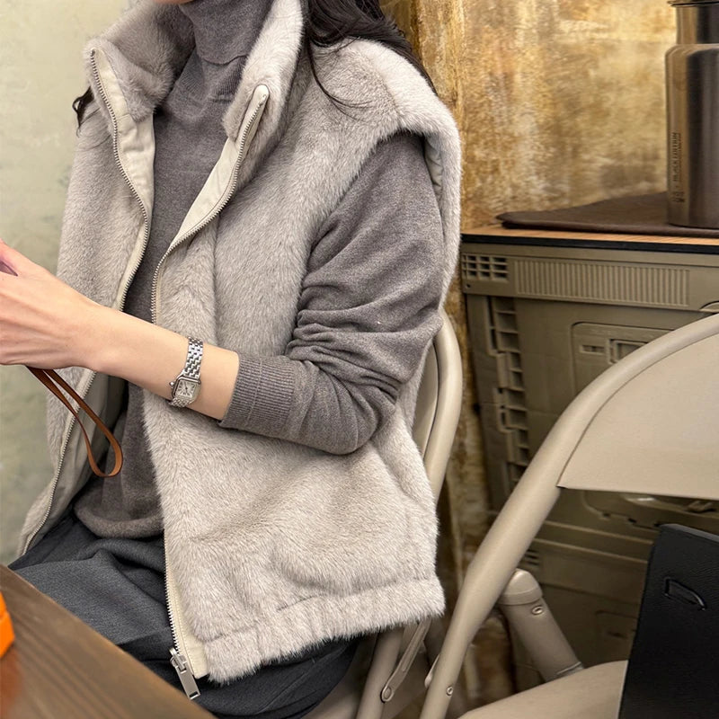 Women Korean Style Mink Fur Reversible Vest Coats Autumn Winter High-end Stand Collar Thick Warm Loose Casual Zipper Waistcoat