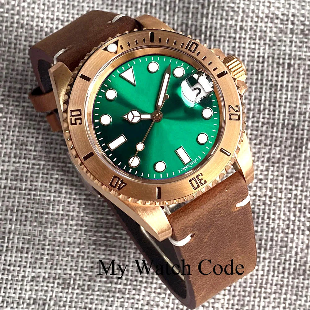 Tandorio Real Bronze Diver Mechanical Watch Men Sunburst Green Wristwatch NH35AA Movt Leather band Vintage Waterproof Lume Clock