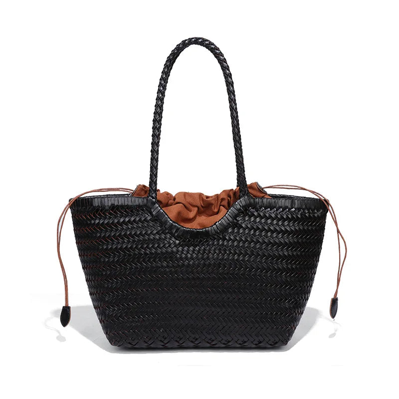 Genuine Leather Hand-woven Vintage Tote Bag New Classic Design Cowhide Shoulder Bag Women's Spring Summer French Bucket Bag 2025