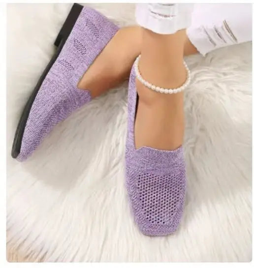 Flat Mesh Knitted Striped Flats Shoes for Women Autumn New Light Slip on Flat Casual Shoes Ladies Square Toe Breathable Sneakers