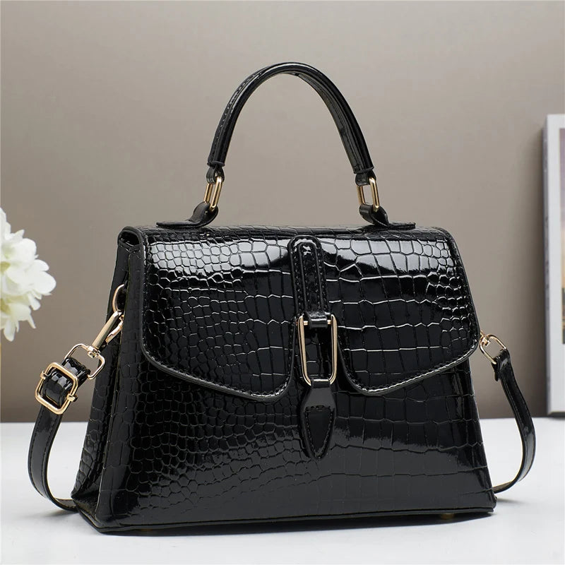 TRAVEASY Brand 2025 New Women's Tote Crossbody Shoulder Bag Crocodile-Embossed Glossy Flap Spacious Capacity Fashionable Handbag
