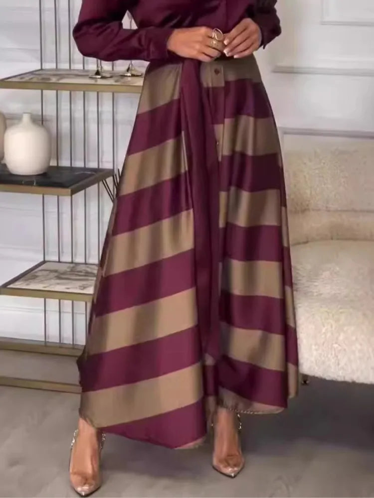 Fashion Long-sleeved Lapel Dress For Women Elegant Autumn Winter Lace-up Striped Printing Splicing Loose Casual Dresses Female