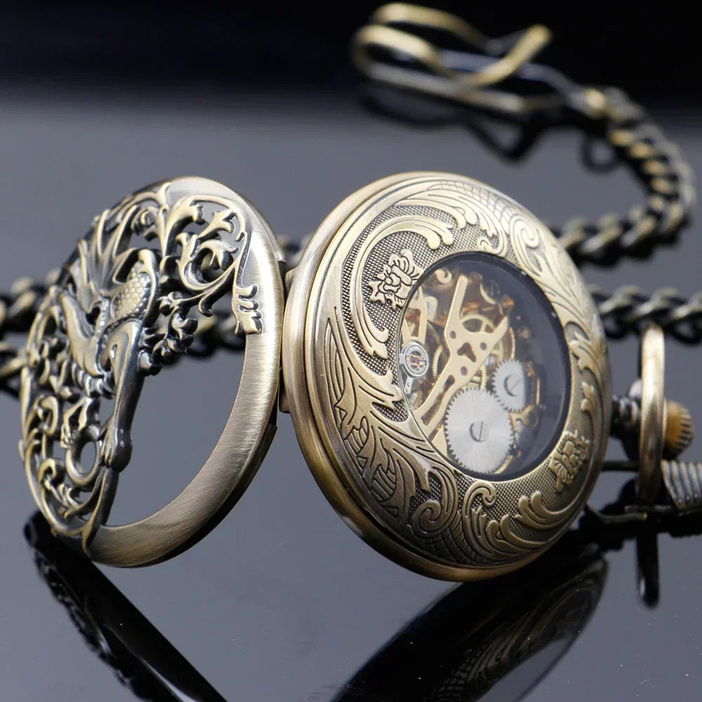 NEW Vintage Mechanical Pocket Watch Mens Hand-winding Skeleton Dragon Chain Retro Roman Numerals Display Pocket Clock
