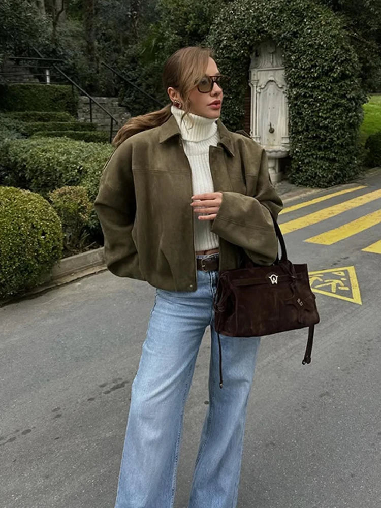 Chic Women's Green Suede Jacke Fashion Loose Long Sleeve Laple Zipper Bomber Jackets 2025 Spring New Ladies High Street Clothing