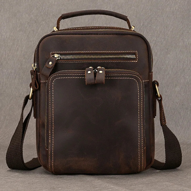 Men's Vintage Genuine Leather iPad Messenger Bag Thick Cow Leather Shoulder Bag Small Casual Crossbody Bag Cowhide Briefcase