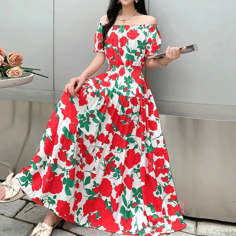 Cotton Silk floral Short sleeved Dress Beach vacation Big swing Dress New Summer 2025 Printed One neck Long Dresses