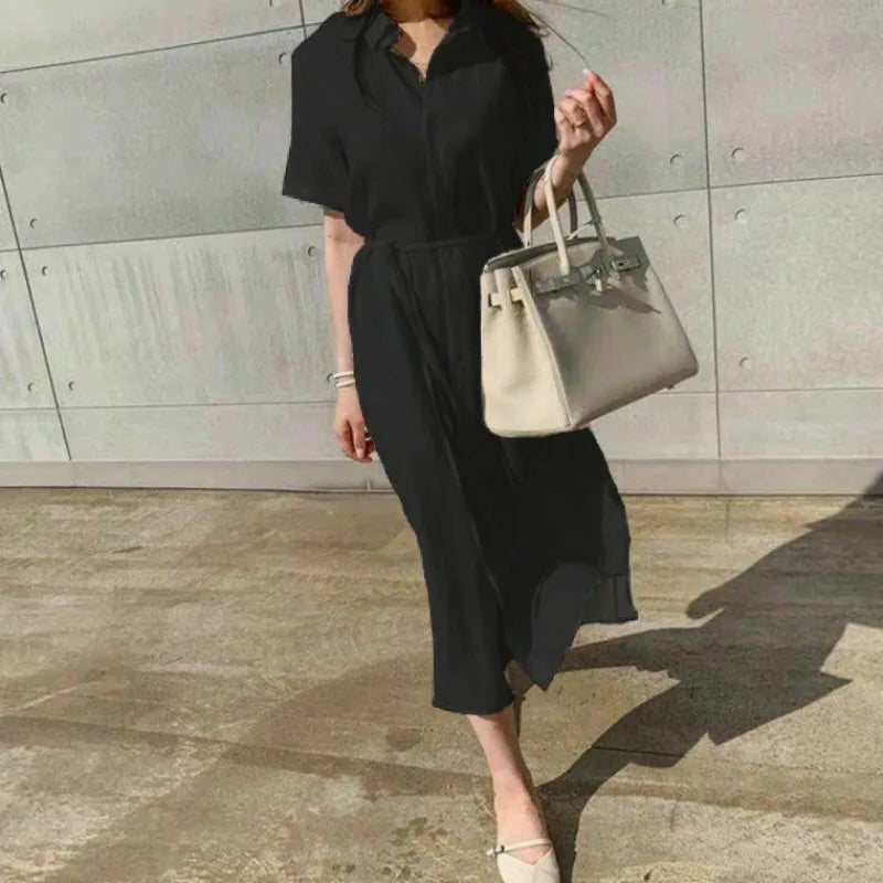 REALEFT 2024 New Summer Linen Women's Shirt Dresses Short Sleeve Single Breasted Korean Lace Up Straight Long Dress Female