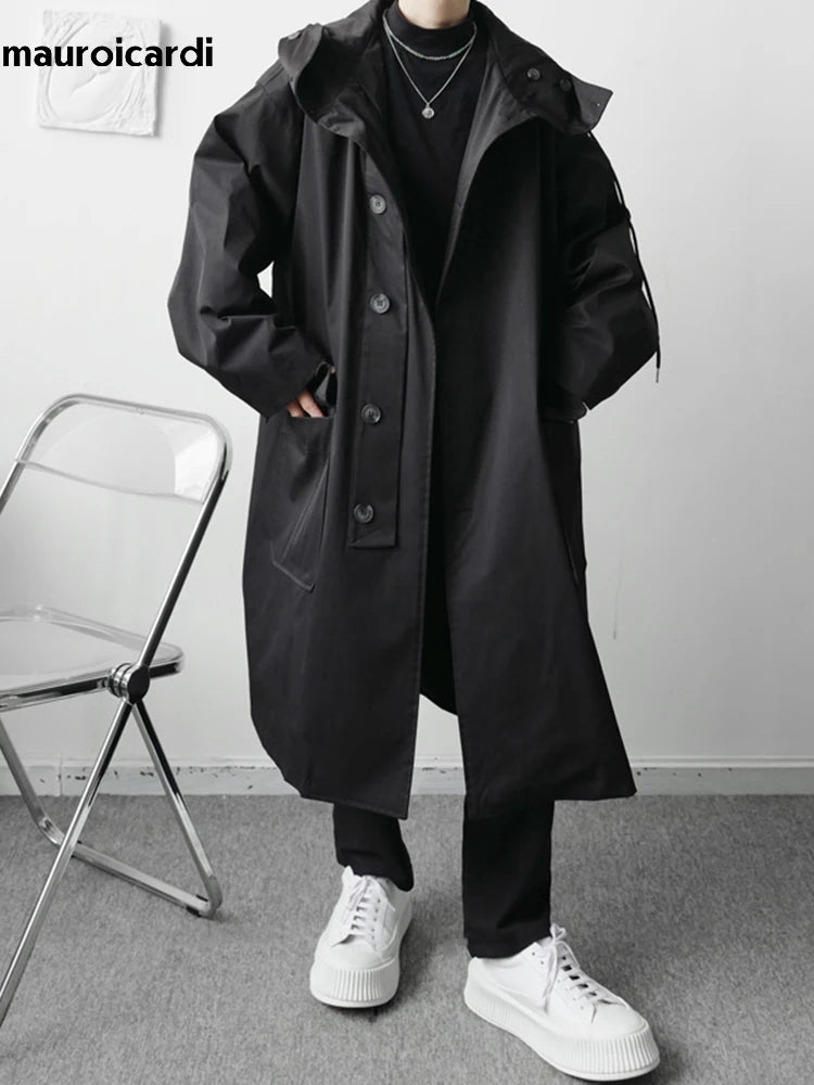Mauroicardi Spring Autumn Long Black Khaki Oversized Trench Coat Men with Hood Pockets Loose Casual Windproof Windbreaker 2023