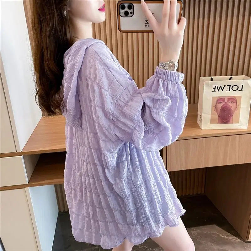 Summer Hooded Jacket Sweatshirt Women Sun Protection Clothing Korean Fashion Single Breasted Sunscreen Thin Loose Casual Coat