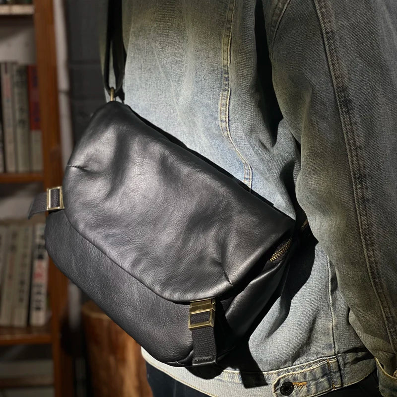 Functional Messenger Bag MEN'S Ins Tide Leather Shoulder Bag Retro MEN'S Casual Vegetable Tanned Leather Messenger Bag