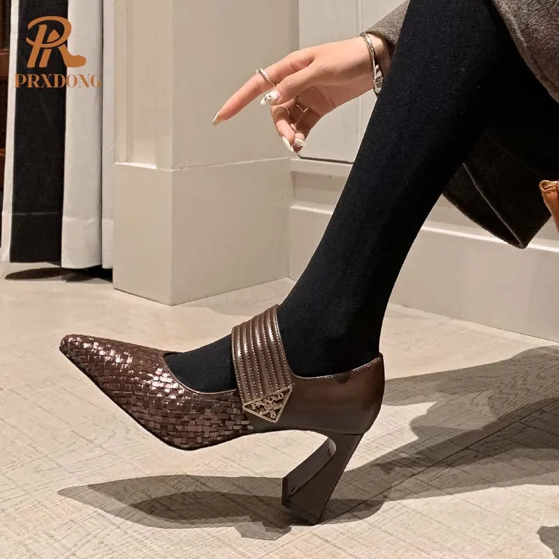 PRXDONG Genuine Leather Women Pumps 2025 New Spring Summer High Heels Pointed toe Black Brown Dress Party Female Shoes Size 40
