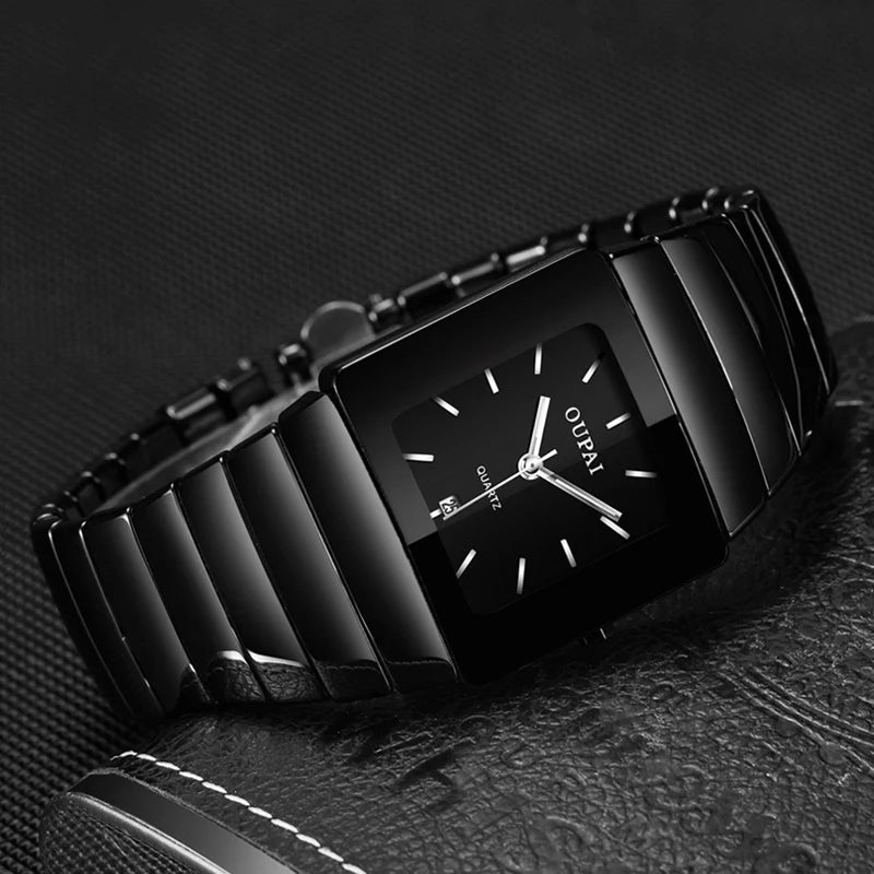 Oupai rectangular black ceramic quartz watch tonneau type watch luminous business simple luxury watch men