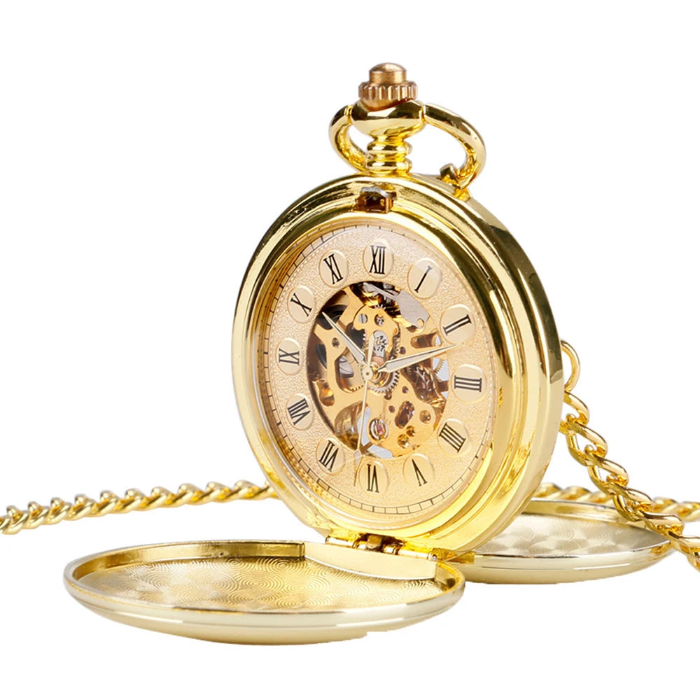 Classic double face hand winding mechanical pocket watch smooth surface hollowed Roman numeral men women mechanical pocket watch