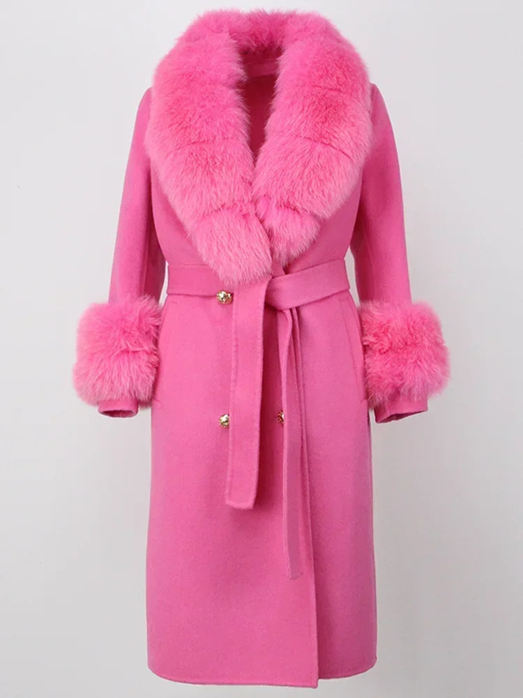 2024 Winter Jacket Women Long Natural Wool Blends Cashmere Real Fur Coat Double Breasted Belt Warm Wool Streetwear New Fashion