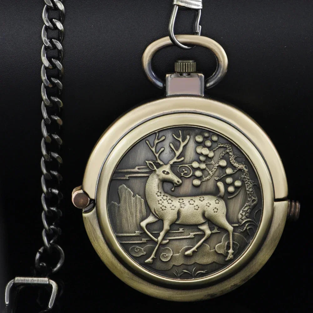Bronze Elk Manual Mechanical Pocket Watch Roman Numerals Skeleton Dial Pendant Clock Casual Fashion Gifts for Women Men Relógio