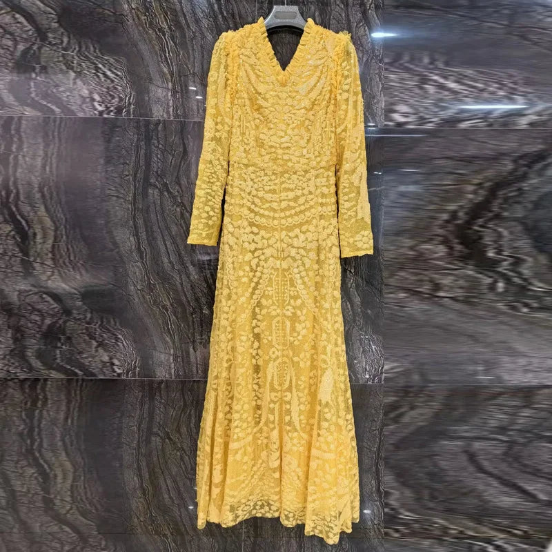 QMQA Fashion Women's Luxury Sequin Dress V-neck Long Sleeved High Waist Slimming Elegant Banquet Evening Dresses 2025 New QM167