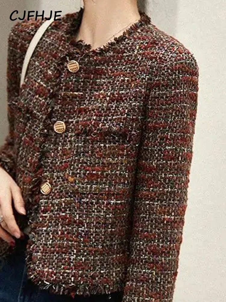 CJFHJE O-neck Tweed Fragrant Lady Coats Autumn Winter New Elegant Lady Outerwear Tops Tassel Single Breasted Women Woolen Jacket