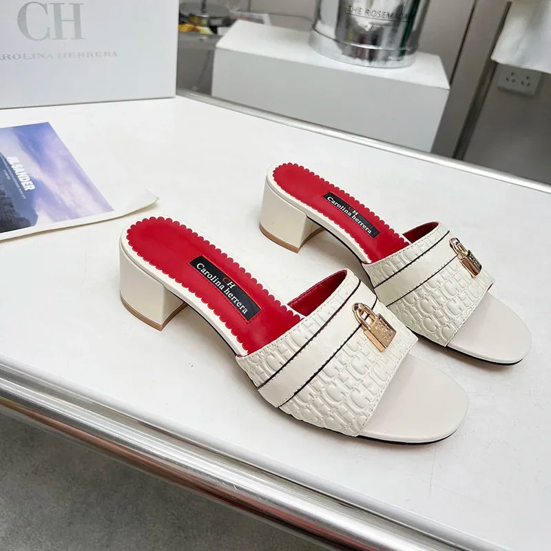 CH Luxury Heels Office Sandals for Women 2025 Elegant Fashion Shoes upper lock buckle Designs Slippers Retro Beach Flat Slippers